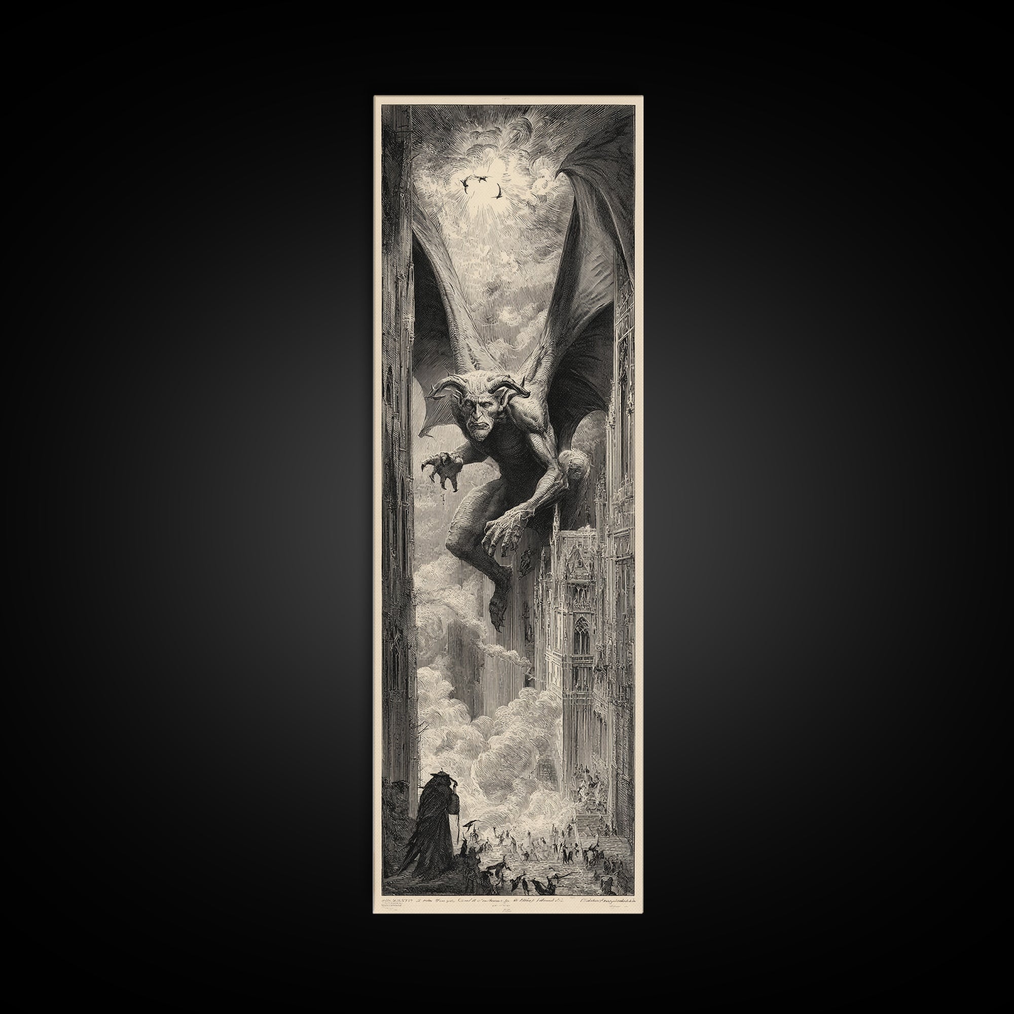 The Gargoyle Sentinel, Gothic Engraving Art, Tall Narrow Wall Art, Gothic Horror Wall Art, Framed Canvas Print, Halloween Wall Art