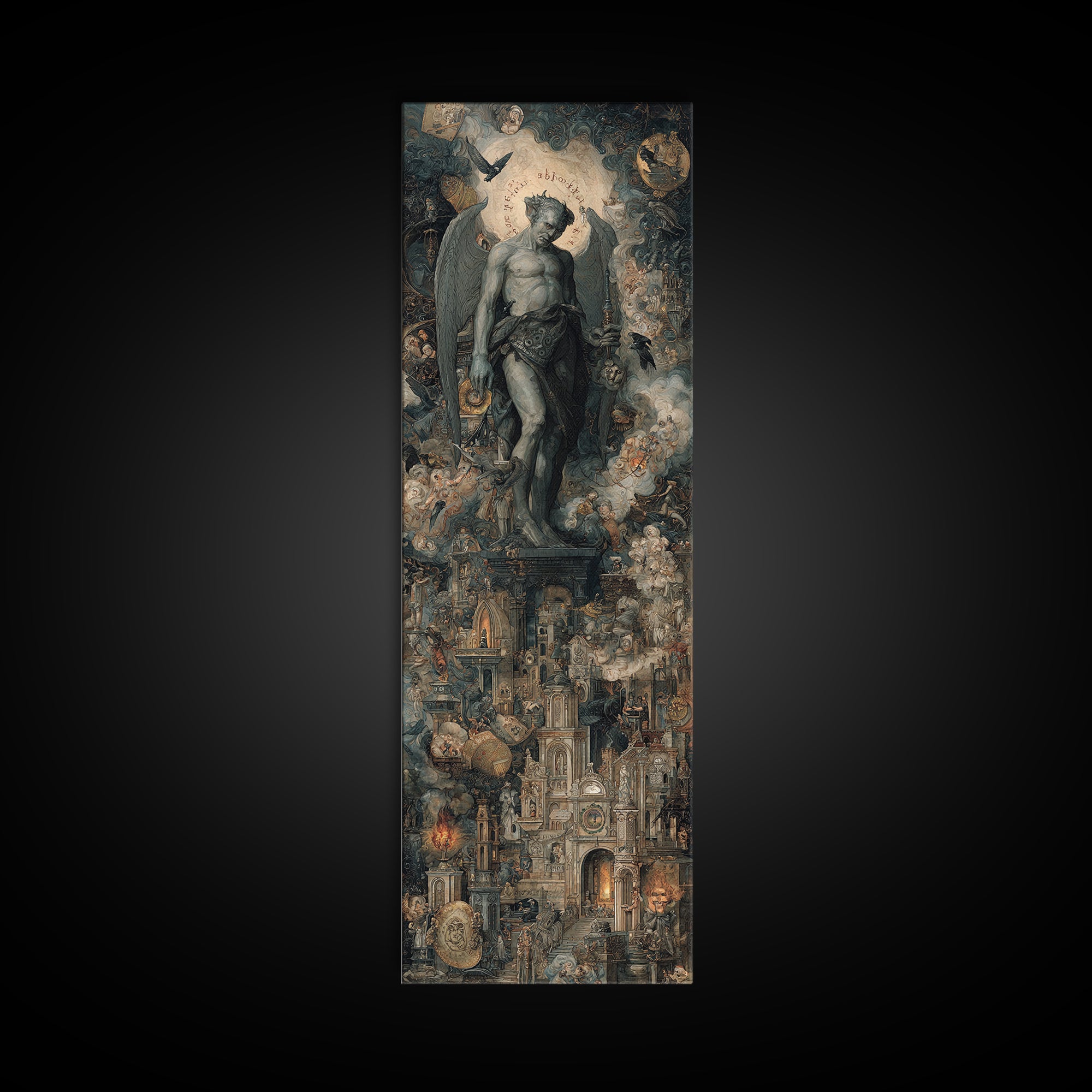 The Gargoyle Sentinel, Medieval Grotesque Art, Tall Narrow Wall Art, Gothic Horror Wall Art, Canvas Print, Halloween Wall Art