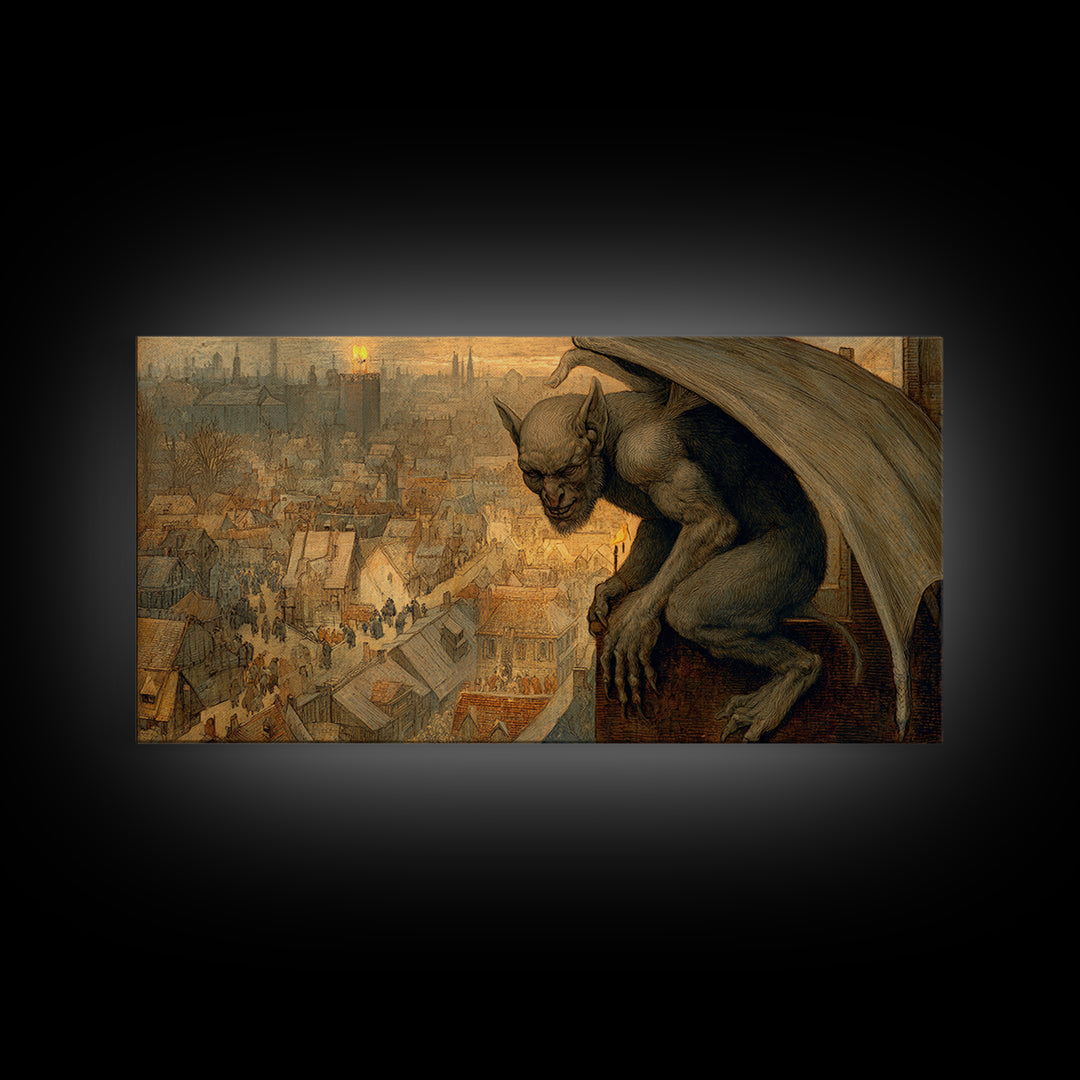 The Gargoyle Sentinel, Northern Renaissance Horror, Wide Panoramic Art, Gothic Horror Wall Art, Canvas Print, Halloween Wall Art