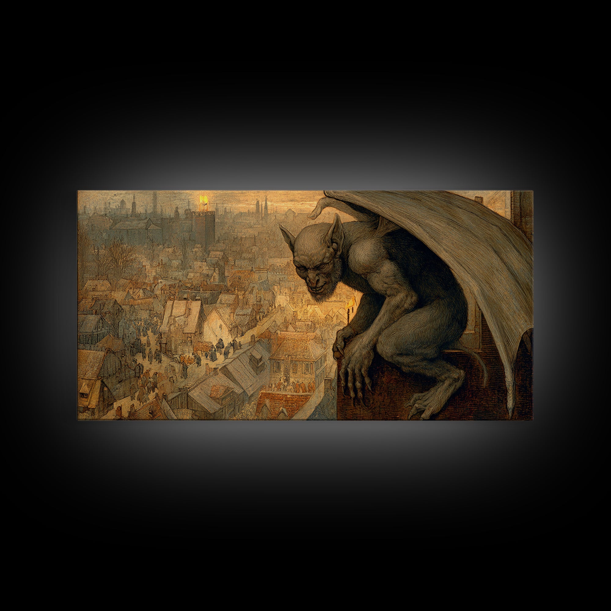 The Gargoyle Sentinel, Northern Renaissance Horror, Wide Panoramic Art, Gothic Horror Wall Art, Canvas Print, Halloween Wall Art
