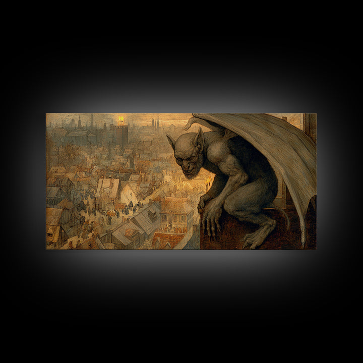The Gargoyle Sentinel, Northern Renaissance Horror, Wide Panoramic Art, Gothic Horror Wall Art, Canvas Print, Halloween Wall Art