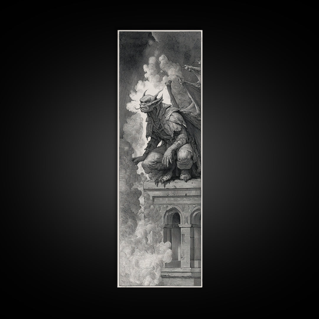The Gargoyle Sentinel, Renaissance Engraving Art, Tall Narrow Wall Art, Dark Fantasy Wall Art, Canvas Print, Halloween Wall Art