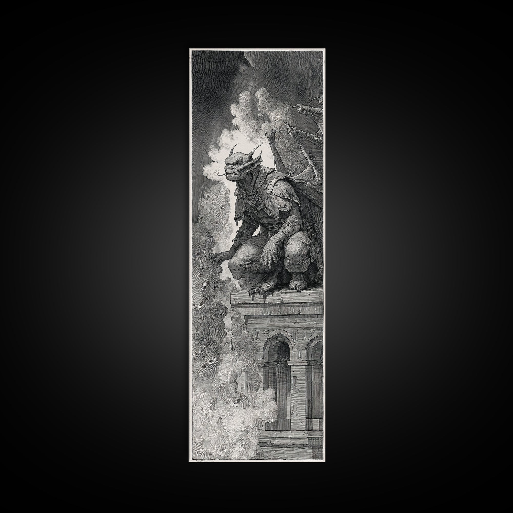 The Gargoyle Sentinel, Renaissance Engraving Art, Tall Narrow Wall Art, Dark Fantasy Wall Art, Canvas Print, Halloween Wall Art