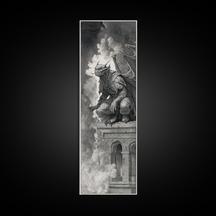 The Gargoyle Sentinel, Renaissance Engraving Art, Tall Narrow Wall Art, Dark Fantasy Wall Art, Canvas Print, Halloween Wall Art
