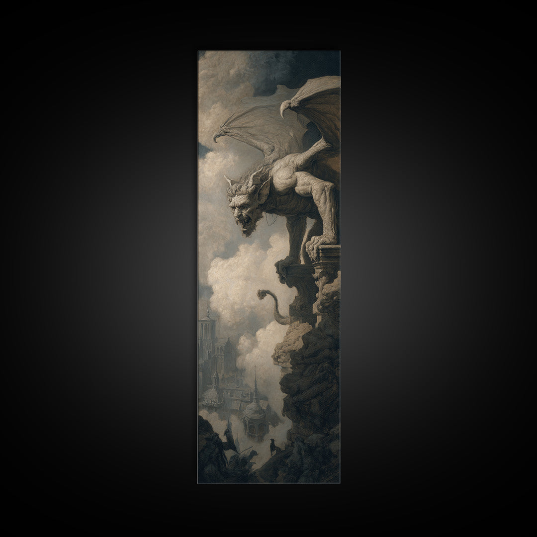 The Gargoyle Sentinel, Baroque Witchcraft Art, Tall Narrow Wall Art, Dark Fantasy Wall Art, Canvas Print, Halloween Wall Art