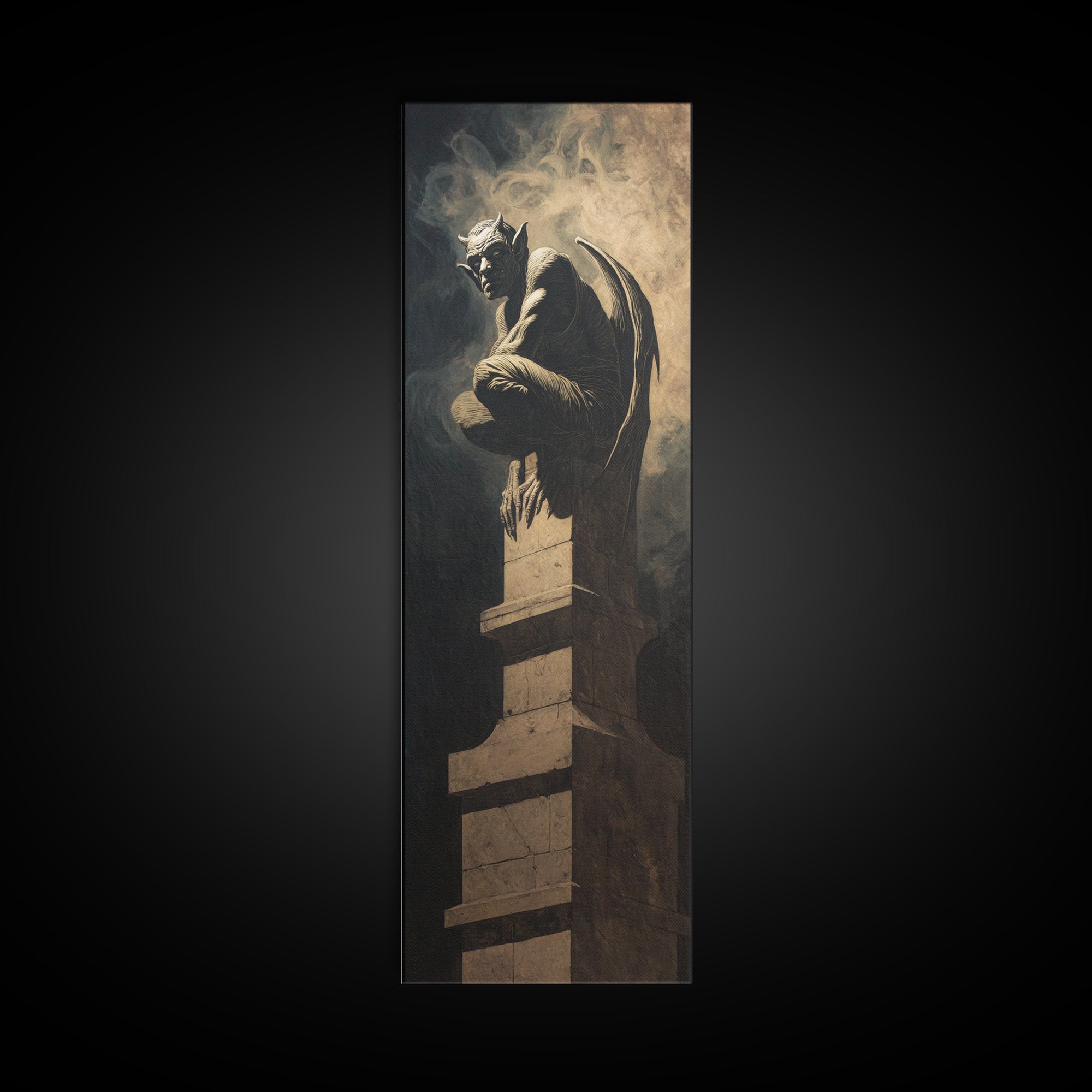 The Gargoyle Sentinel, Gothic Nightmare Art, Tall Narrow Wall Art, Macabre Wall Art, Framed Canvas Print, Halloween Wall Art