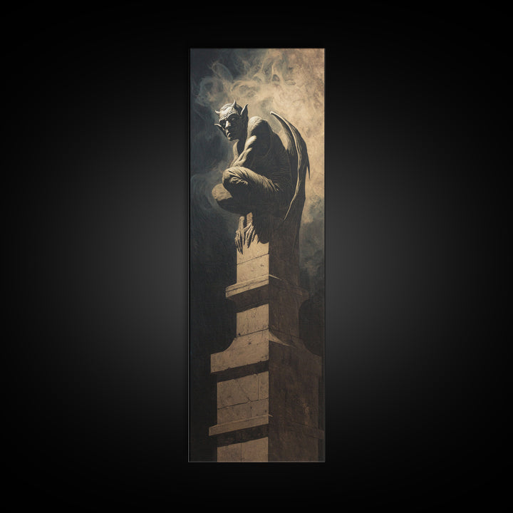 The Gargoyle Sentinel, Gothic Nightmare Art, Tall Narrow Wall Art, Macabre Wall Art, Framed Canvas Print, Halloween Wall Art