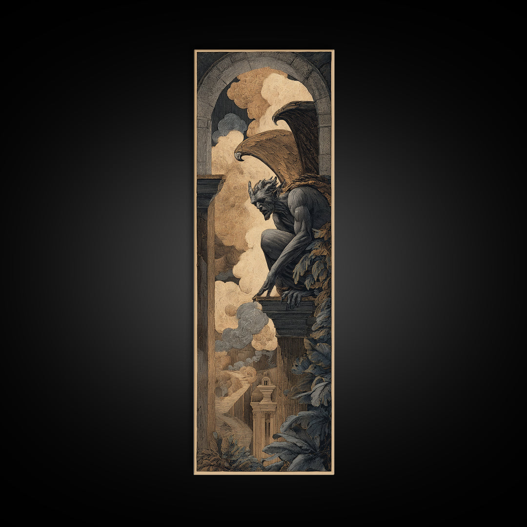 The Gargoyle Sentinel, Visionary Gothic Art, Tall Narrow Wall Art, Gothic Horror Wall Art, Canvas Print, Halloween Wall Art