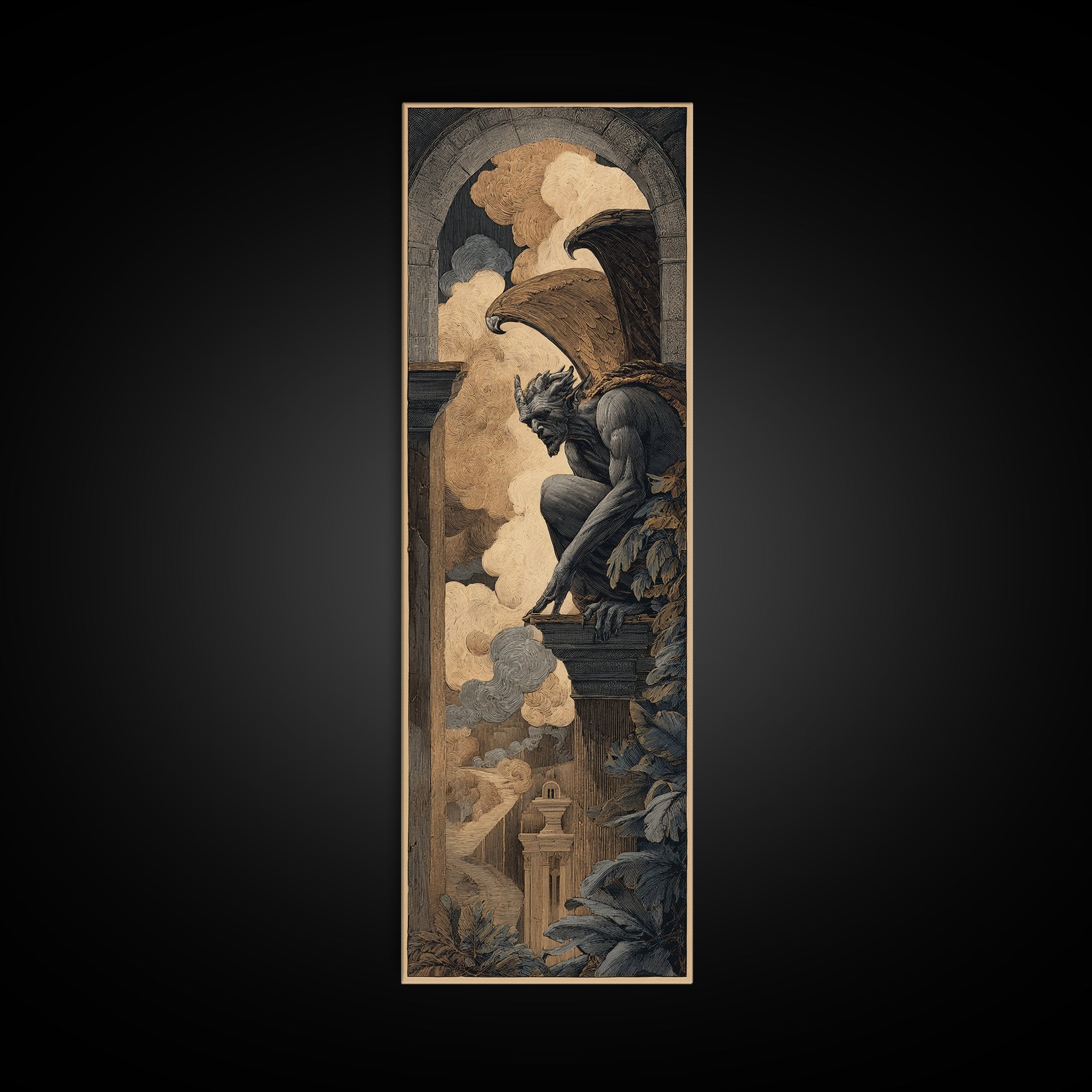 The Gargoyle Sentinel, Visionary Gothic Art, Tall Narrow Wall Art, Gothic Horror Wall Art, Canvas Print, Halloween Wall Art