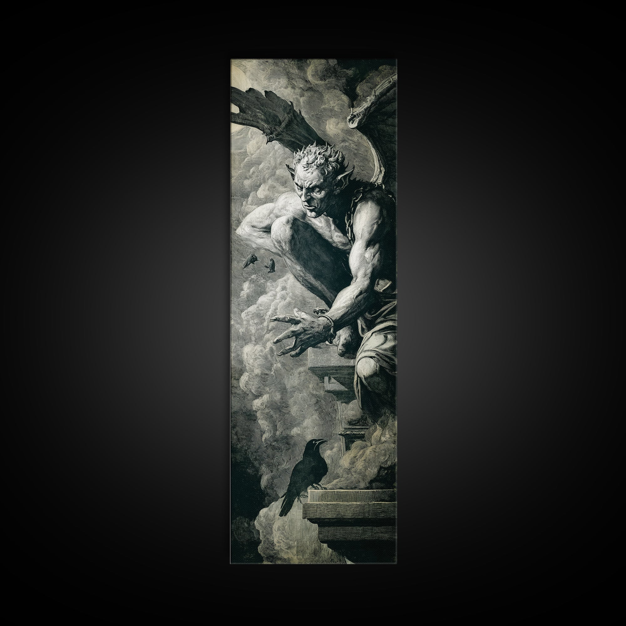 The Gargoyle Sentinel, Architectural Etching Art, Tall Narrow Wall Art, Dark Halloween Decor, Canvas Print, Halloween Wall Art