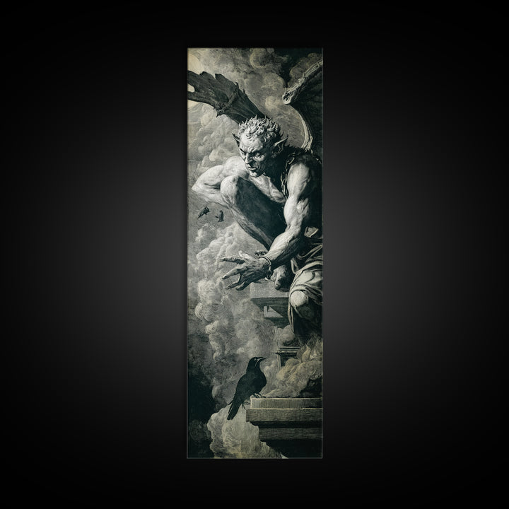 The Gargoyle Sentinel, Architectural Etching Art, Tall Narrow Wall Art, Dark Halloween Decor, Canvas Print, Halloween Wall Art