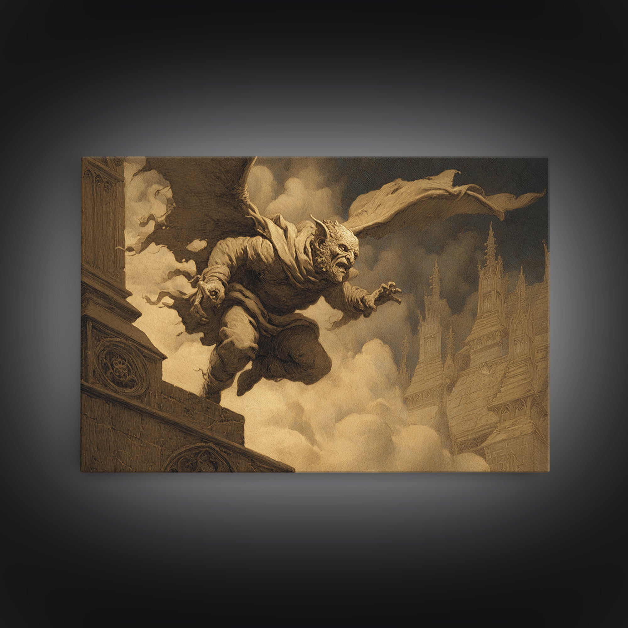 The Gargoyle Sentinel, Romantic Gothic Landscape, Landscape Wall Art, Gothic Horror Wall Art, Canvas Print, Halloween Wall Art