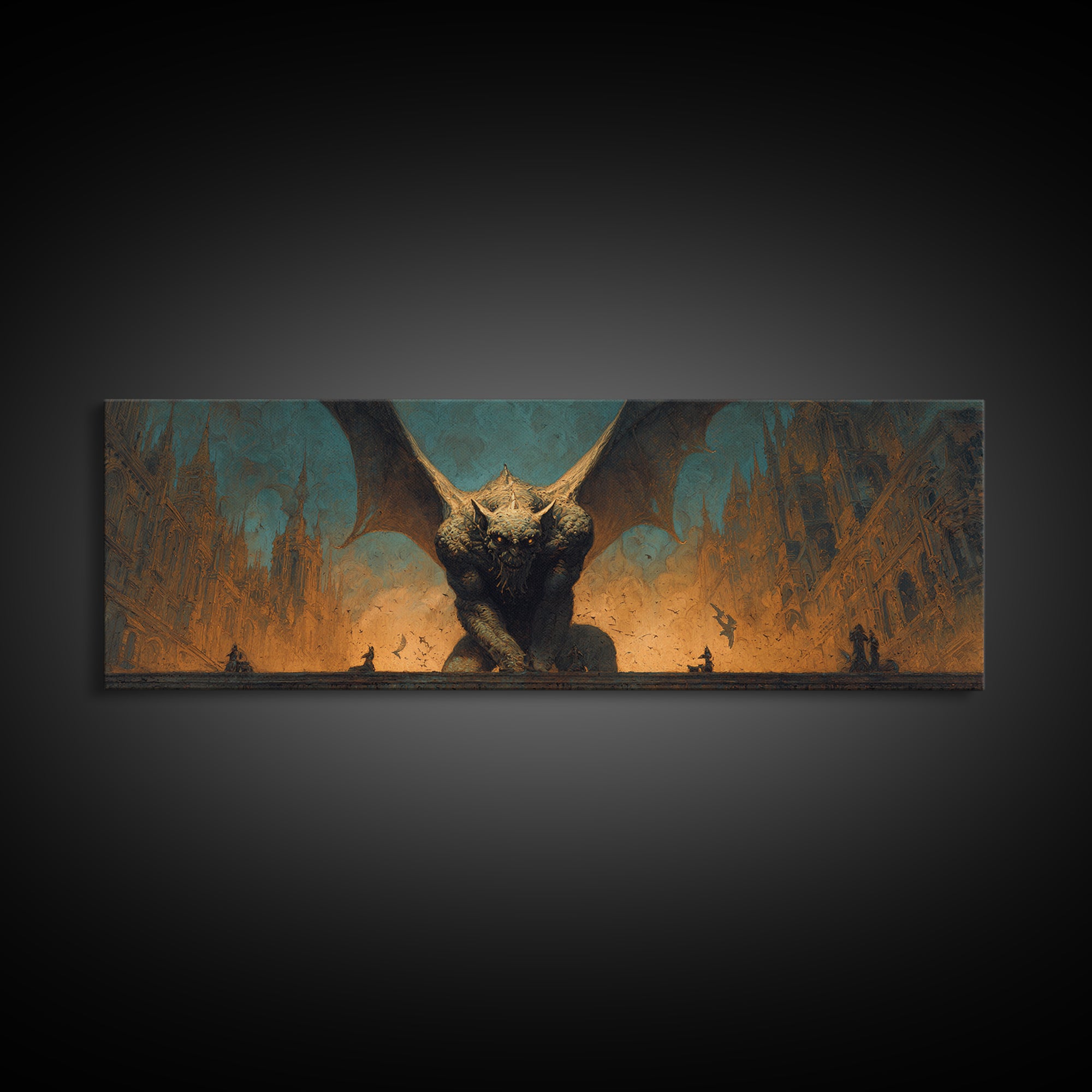 The Gargoyle Sentinel, Apocalyptic Romantic Art, Extra Wide Wall Art, Gothic Horror Wall Art, Framed Canvas Print, Halloween Wall Art