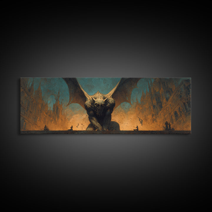 The Gargoyle Sentinel, Apocalyptic Romantic Art, Extra Wide Wall Art, Gothic Horror Wall Art, Framed Canvas Print, Halloween Wall Art