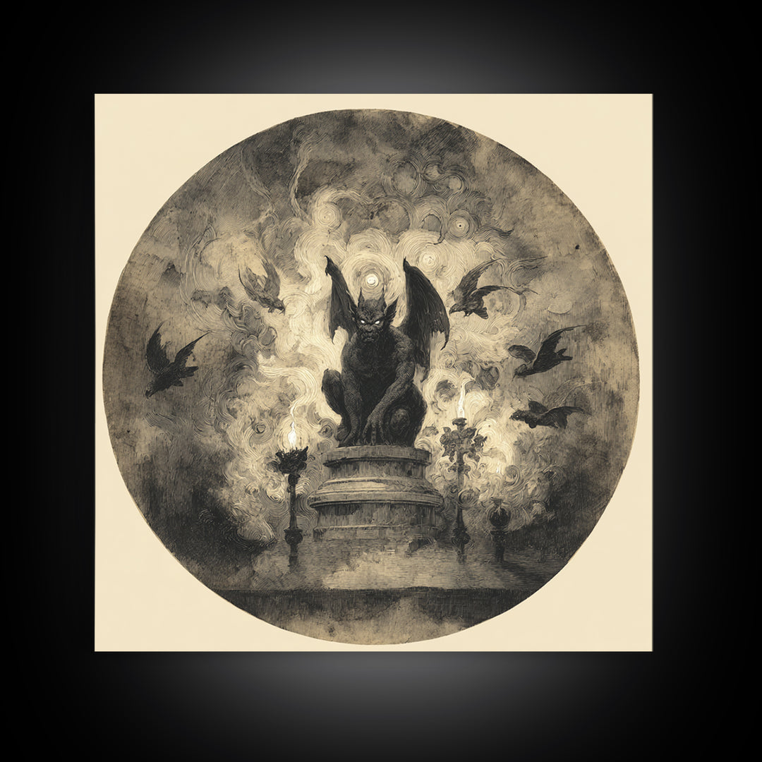 The Gargoyle Sentinel, Symbolist Dream Art, Square Wall Art, Dark Halloween Decor, Framed Canvas Print, Halloween Wall Art