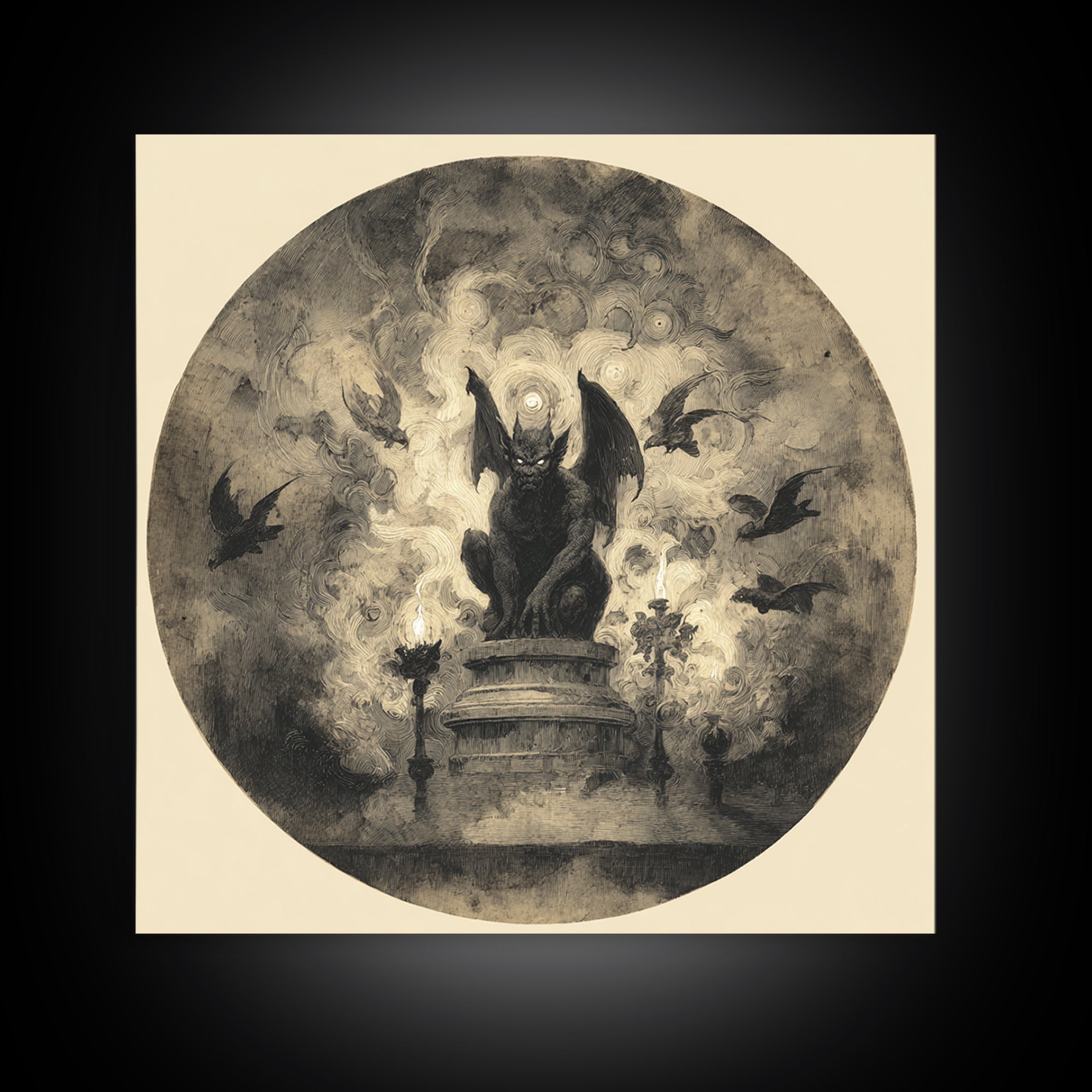 The Gargoyle Sentinel, Symbolist Dream Art, Square Wall Art, Dark Halloween Decor, Framed Canvas Print, Halloween Wall Art
