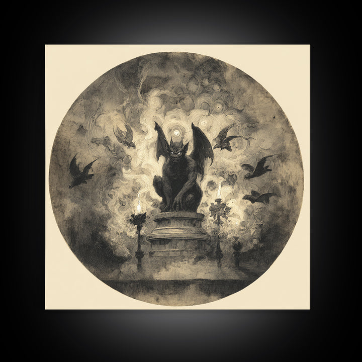 The Gargoyle Sentinel, Symbolist Dream Art, Square Wall Art, Dark Halloween Decor, Framed Canvas Print, Halloween Wall Art