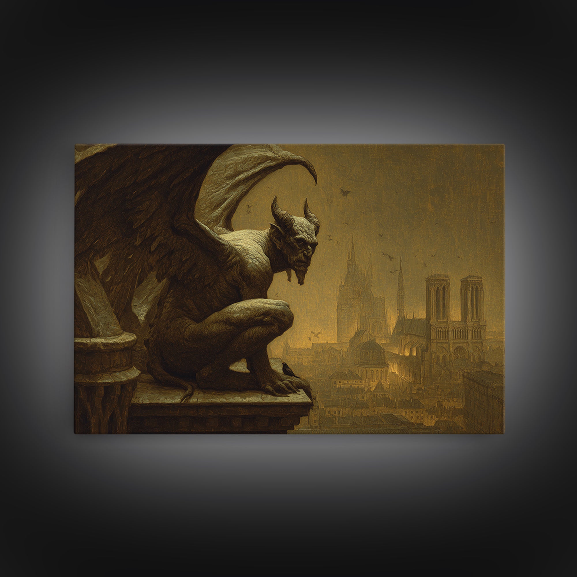 The Gargoyle Sentinel, Symbolist Gothic Landscape, Landscape Wall Art, Dark Halloween Decor, Framed Canvas Print, Halloween Wall Art