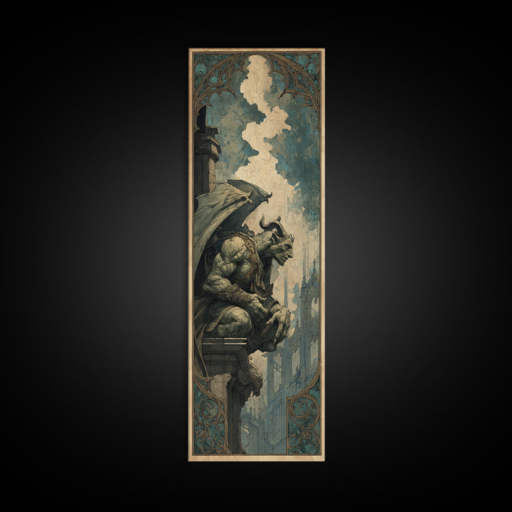The Gargoyle Sentinel, Ornate Symbolist Art, Tall Narrow Wall Art, Dark Halloween Decor, Framed Canvas Print, Halloween Wall Art