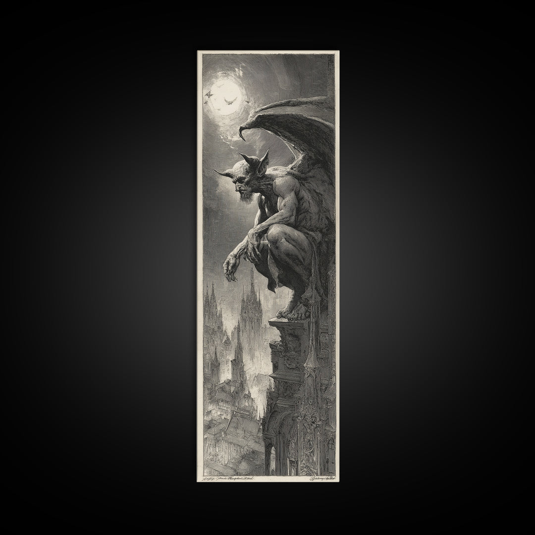 The Gargoyle Sentinel, Decadent Gothic Art, Tall Narrow Wall Art, Macabre Wall Art, Canvas Print, Halloween Wall Art