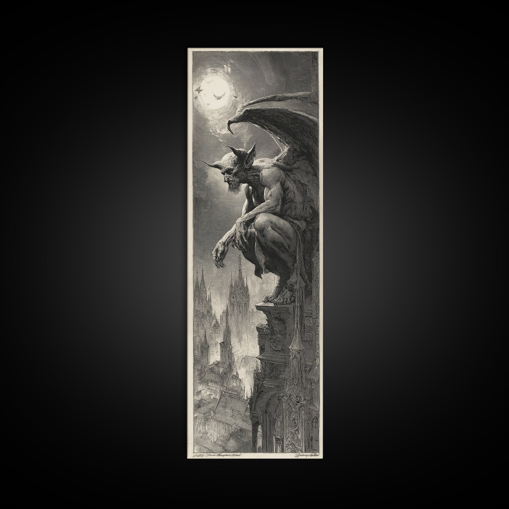 The Gargoyle Sentinel, Decadent Gothic Art, Tall Narrow Wall Art, Macabre Wall Art, Canvas Print, Halloween Wall Art