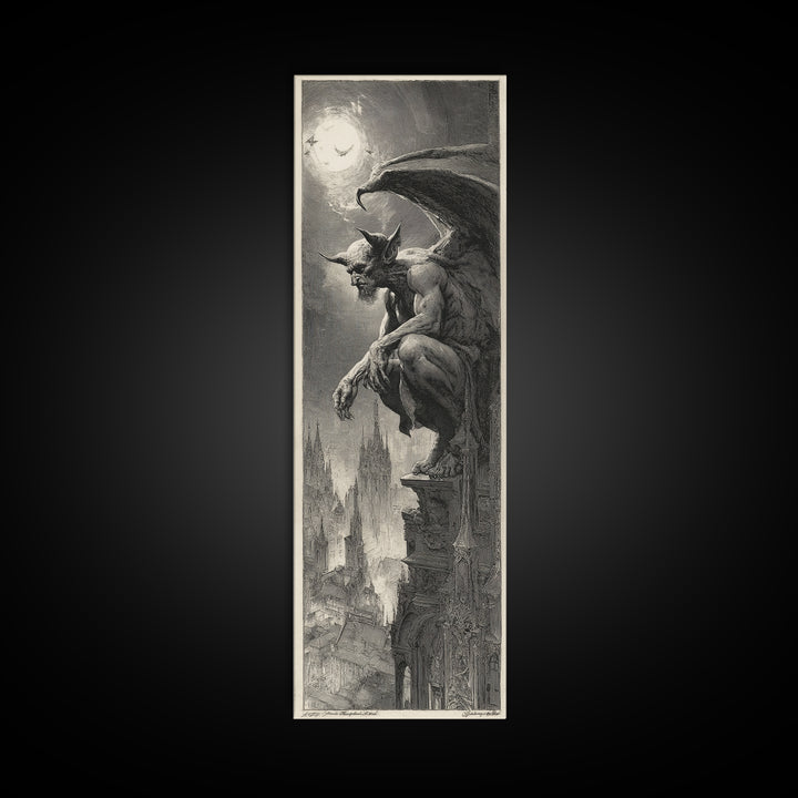 The Gargoyle Sentinel, Decadent Gothic Art, Tall Narrow Wall Art, Macabre Wall Art, Canvas Print, Halloween Wall Art