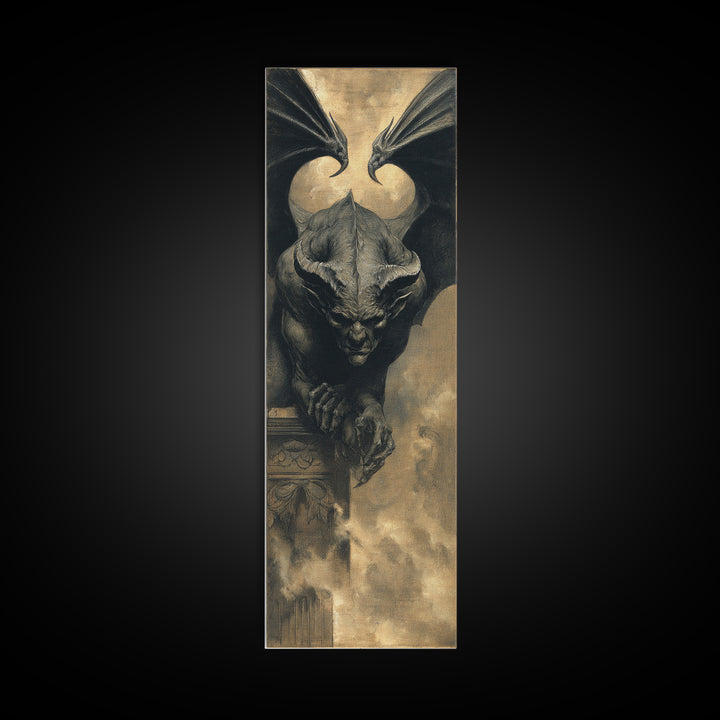 The Gargoyle Sentinel, Dark Symbolist Art, Tall Narrow Wall Art, Gothic Horror Wall Art, Canvas Print, Halloween Wall Art