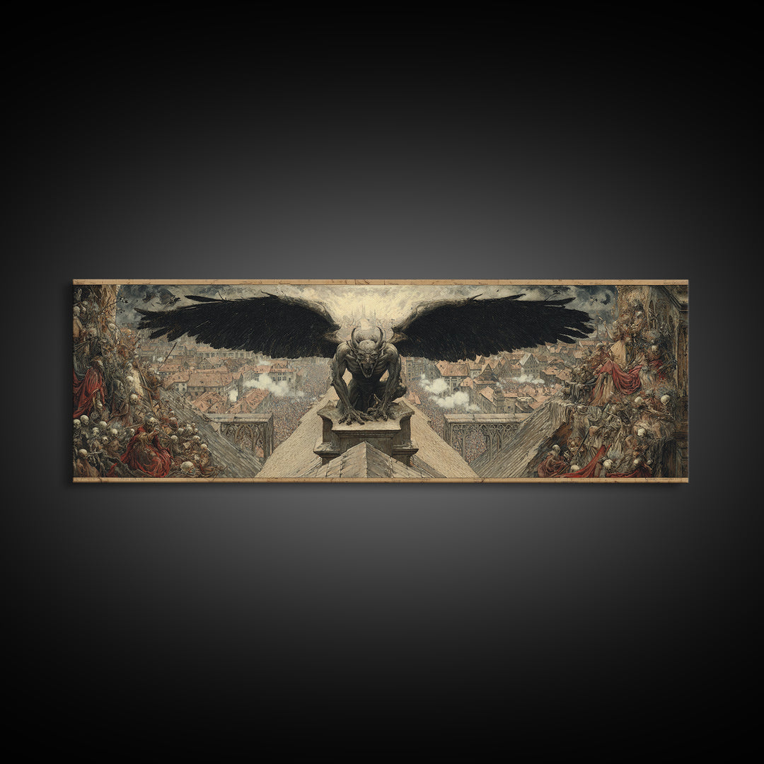 The Gargoyle Sentinel, Grotesque Carnival Art, Extra Wide Wall Art, Gothic Horror Wall Art, Canvas Print, Halloween Wall Art