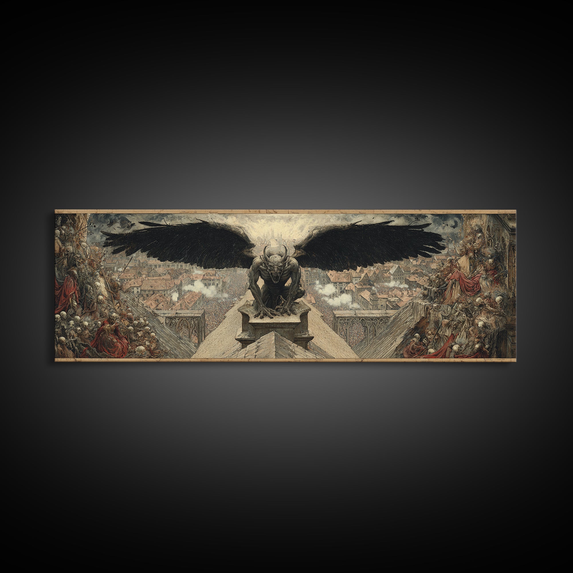 The Gargoyle Sentinel, Grotesque Carnival Art, Extra Wide Wall Art, Gothic Horror Wall Art, Canvas Print, Halloween Wall Art