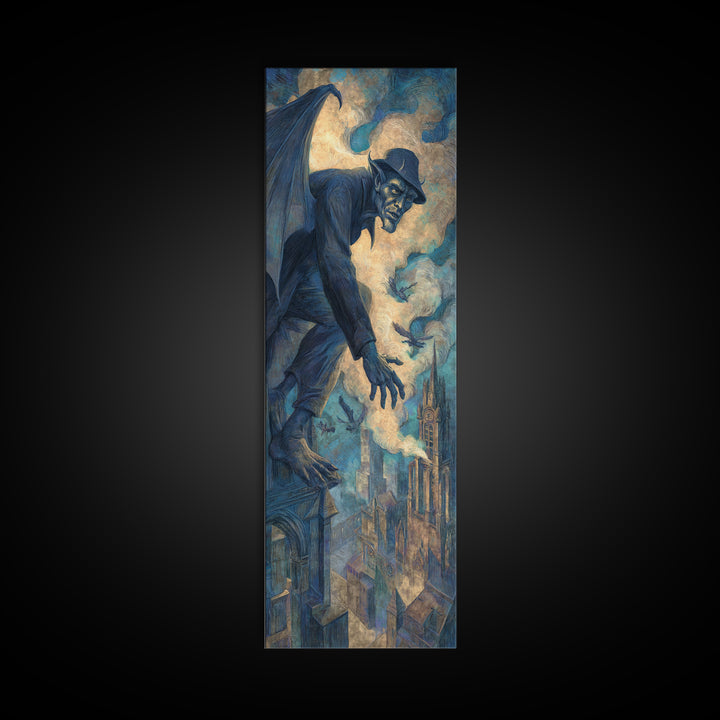 The Gargoyle Sentinel, Expressionist Gothic Art, Tall Narrow Wall Art, Macabre Wall Art, Framed Canvas Print, Halloween Wall Art