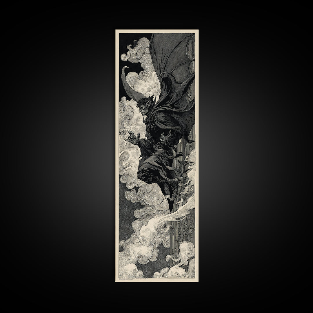 The Gargoyle Sentinel, Decadent Line Art, Tall Narrow Wall Art, Macabre Wall Art, Canvas Print, Halloween Wall Art