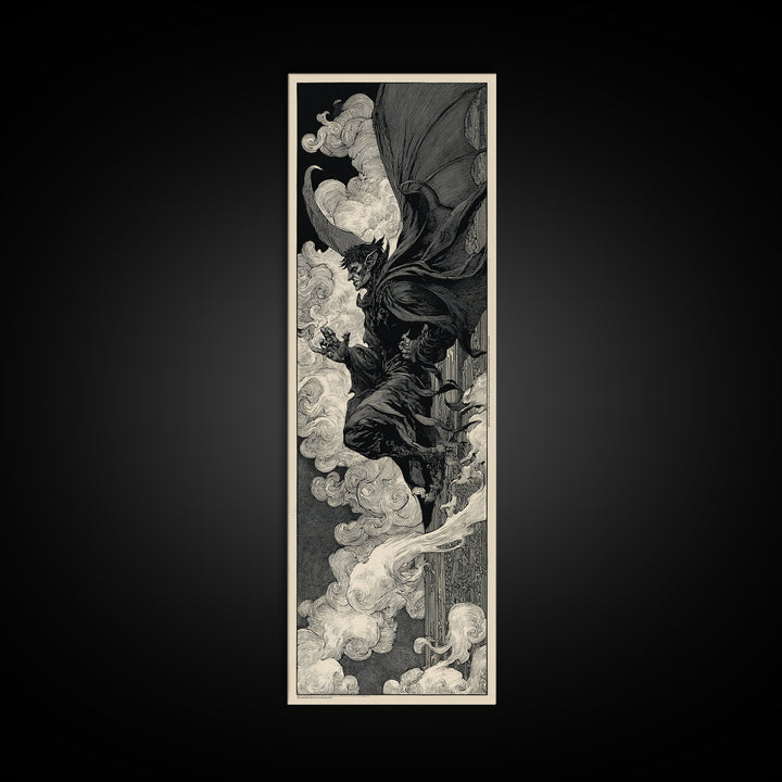 The Gargoyle Sentinel, Decadent Line Art, Tall Narrow Wall Art, Macabre Wall Art, Canvas Print, Halloween Wall Art