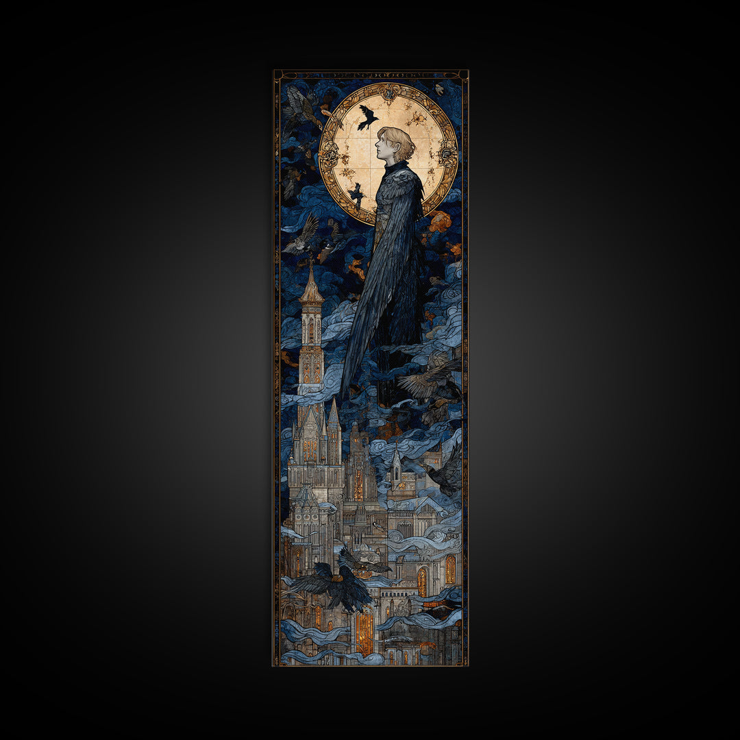 The Gargoyle Sentinel, Stained Glass Gothic Art, Tall Narrow Wall Art, Gothic Horror Wall Art, Canvas Print, Halloween Wall Art