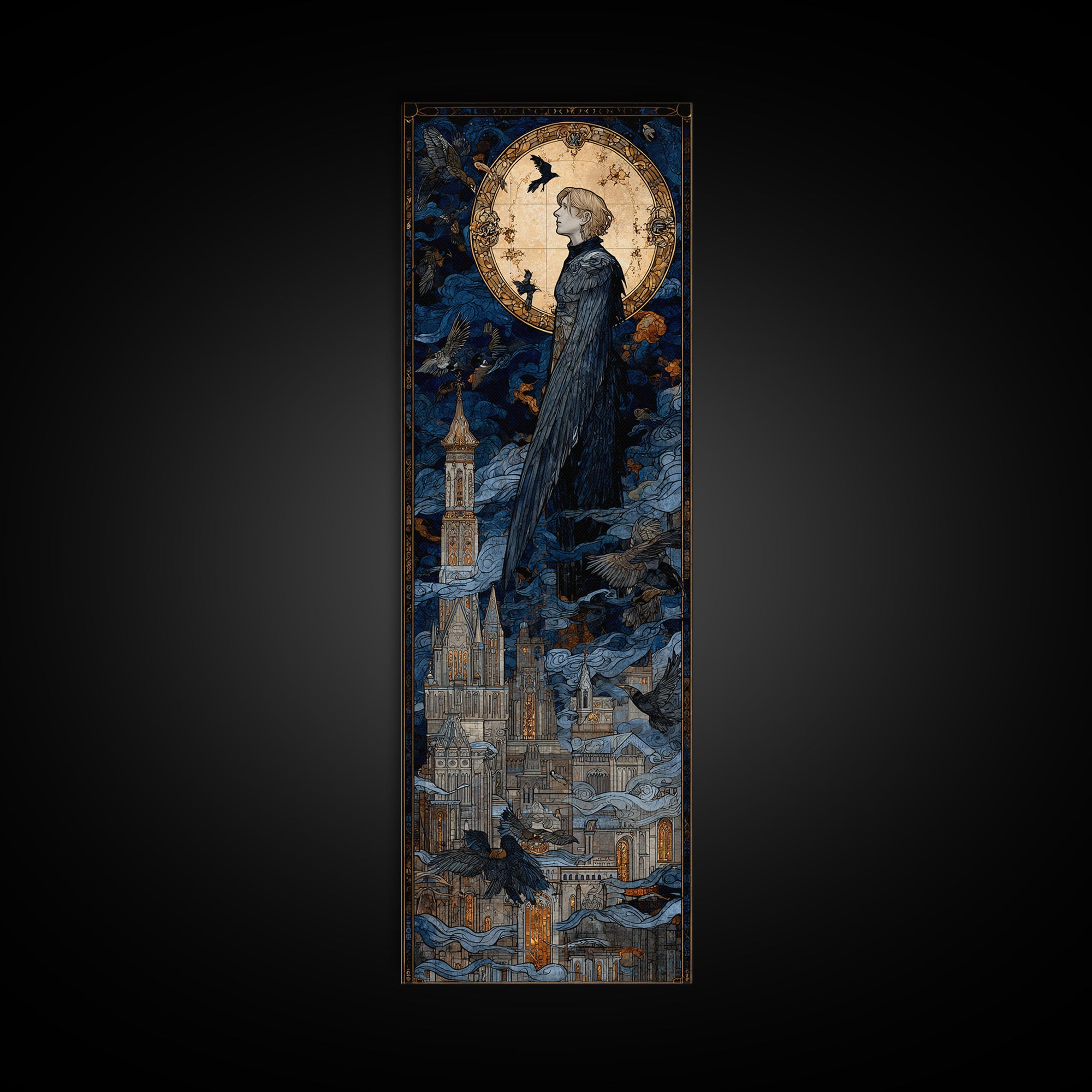 The Gargoyle Sentinel, Stained Glass Gothic Art, Tall Narrow Wall Art, Gothic Horror Wall Art, Canvas Print, Halloween Wall Art