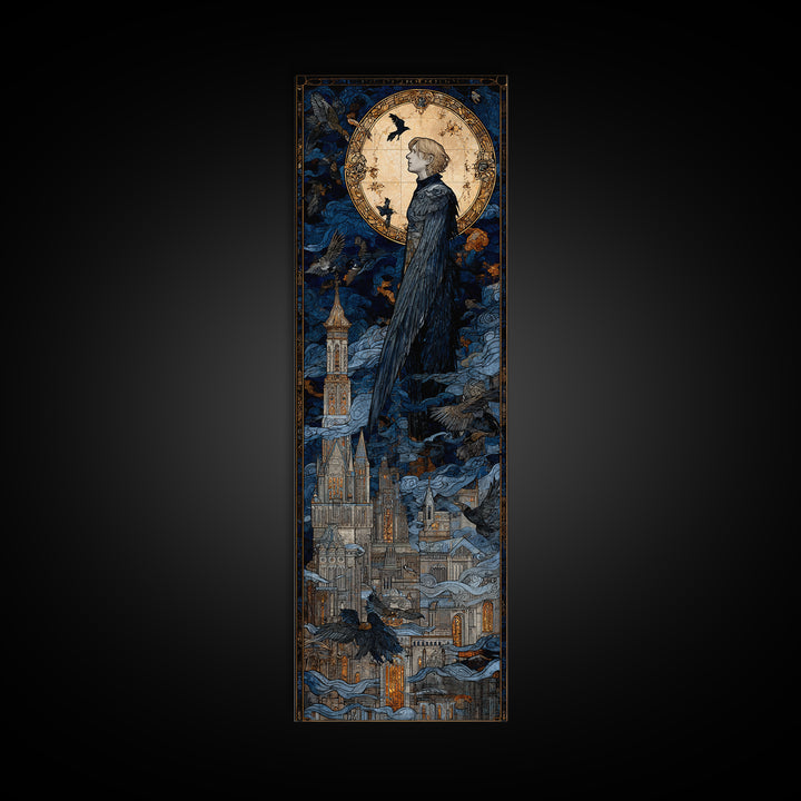 The Gargoyle Sentinel, Stained Glass Gothic Art, Tall Narrow Wall Art, Gothic Horror Wall Art, Canvas Print, Halloween Wall Art