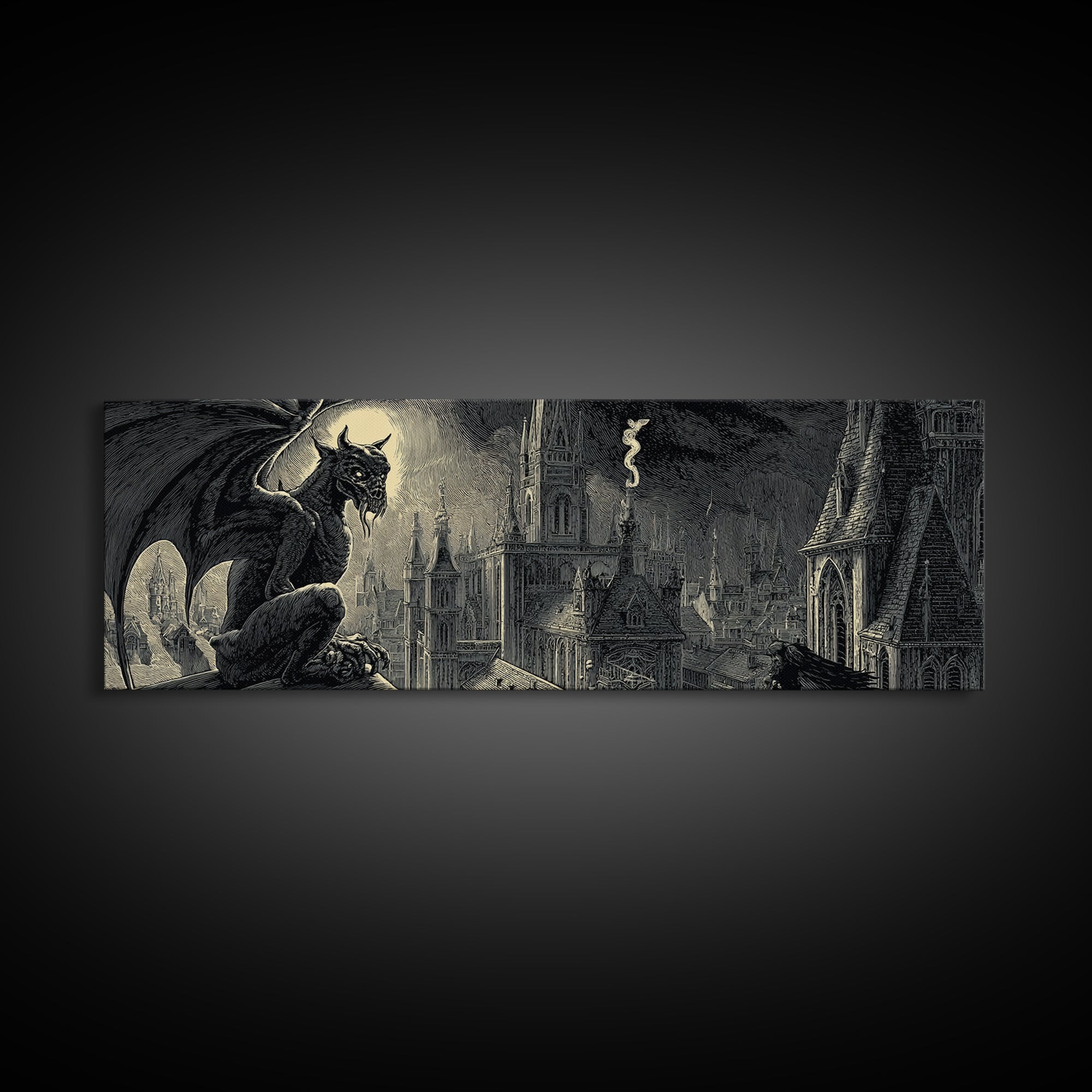 The Gargoyle Sentinel, Macabre Folk Print Art, Extra Wide Wall Art, Macabre Wall Art, Canvas Print, Halloween Wall Art