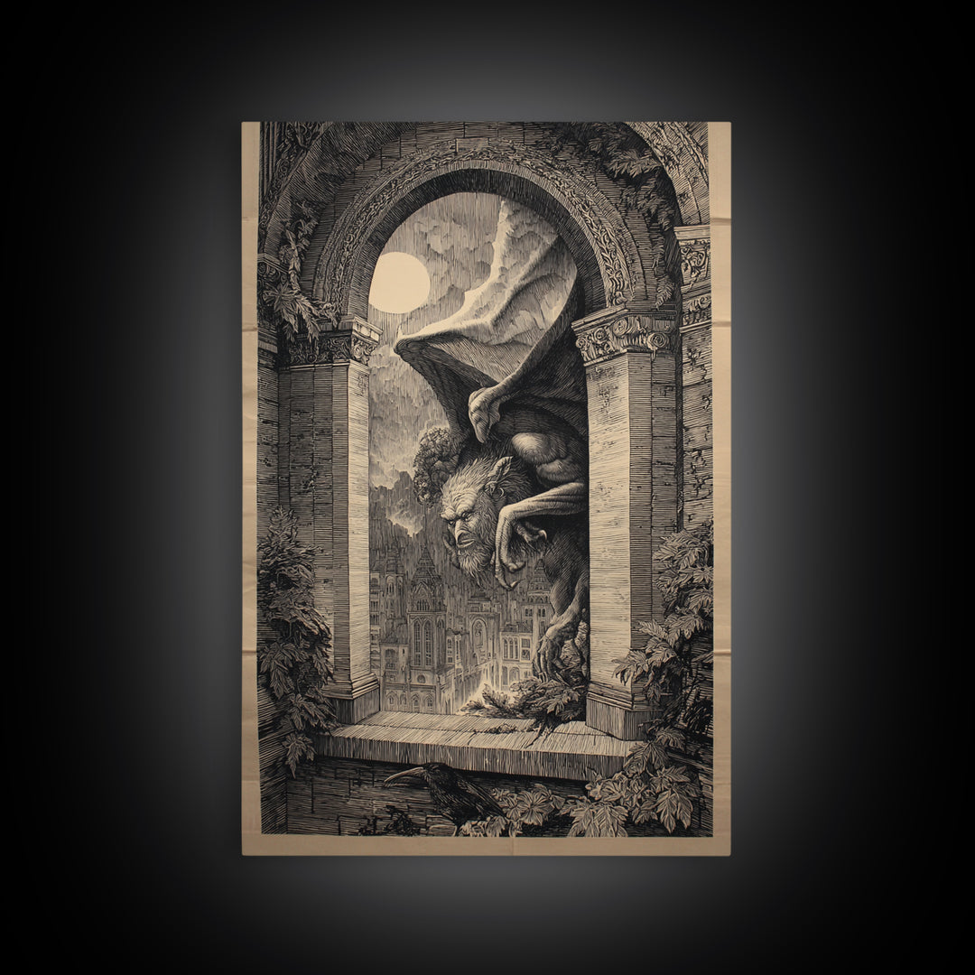 The Gargoyle Sentinel, Victorian Macabre Art, Vertical Wall Art, Dark Fantasy Wall Art, Framed Canvas Print, Halloween Wall Art