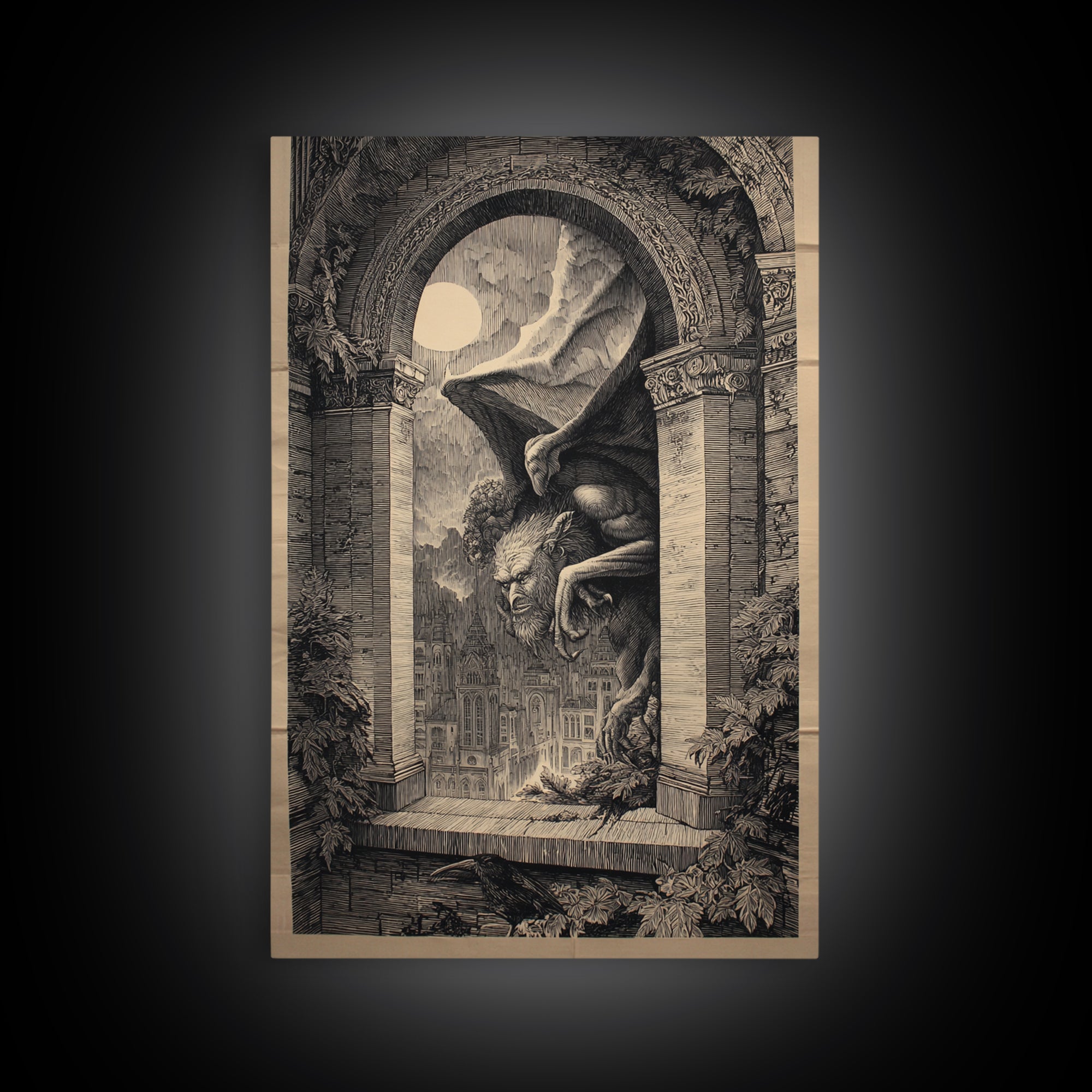 The Gargoyle Sentinel, Victorian Macabre Art, Vertical Wall Art, Dark Fantasy Wall Art, Framed Canvas Print, Halloween Wall Art