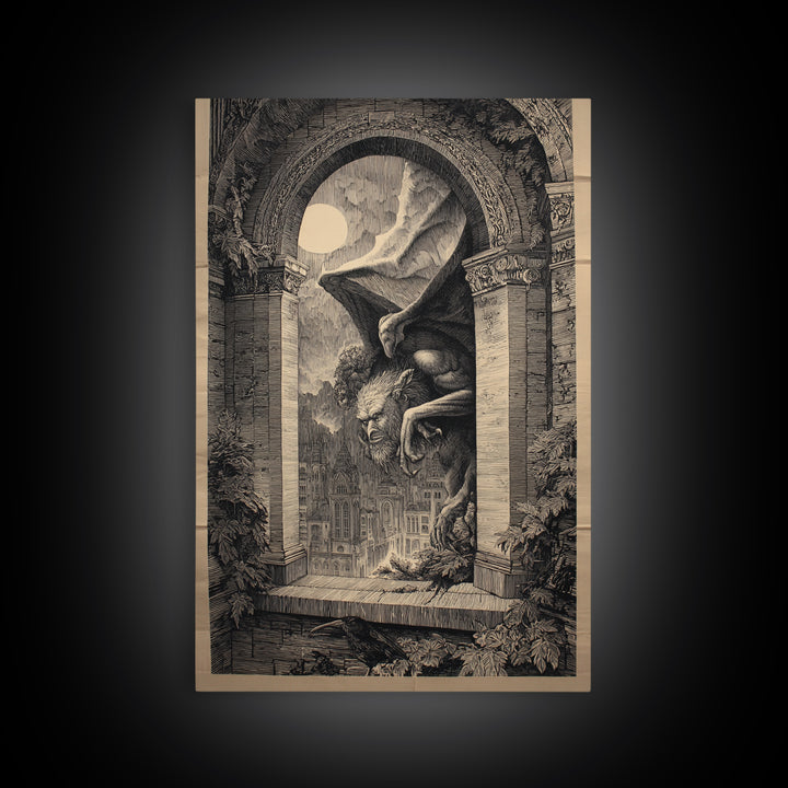 The Gargoyle Sentinel, Victorian Macabre Art, Vertical Wall Art, Dark Fantasy Wall Art, Framed Canvas Print, Halloween Wall Art
