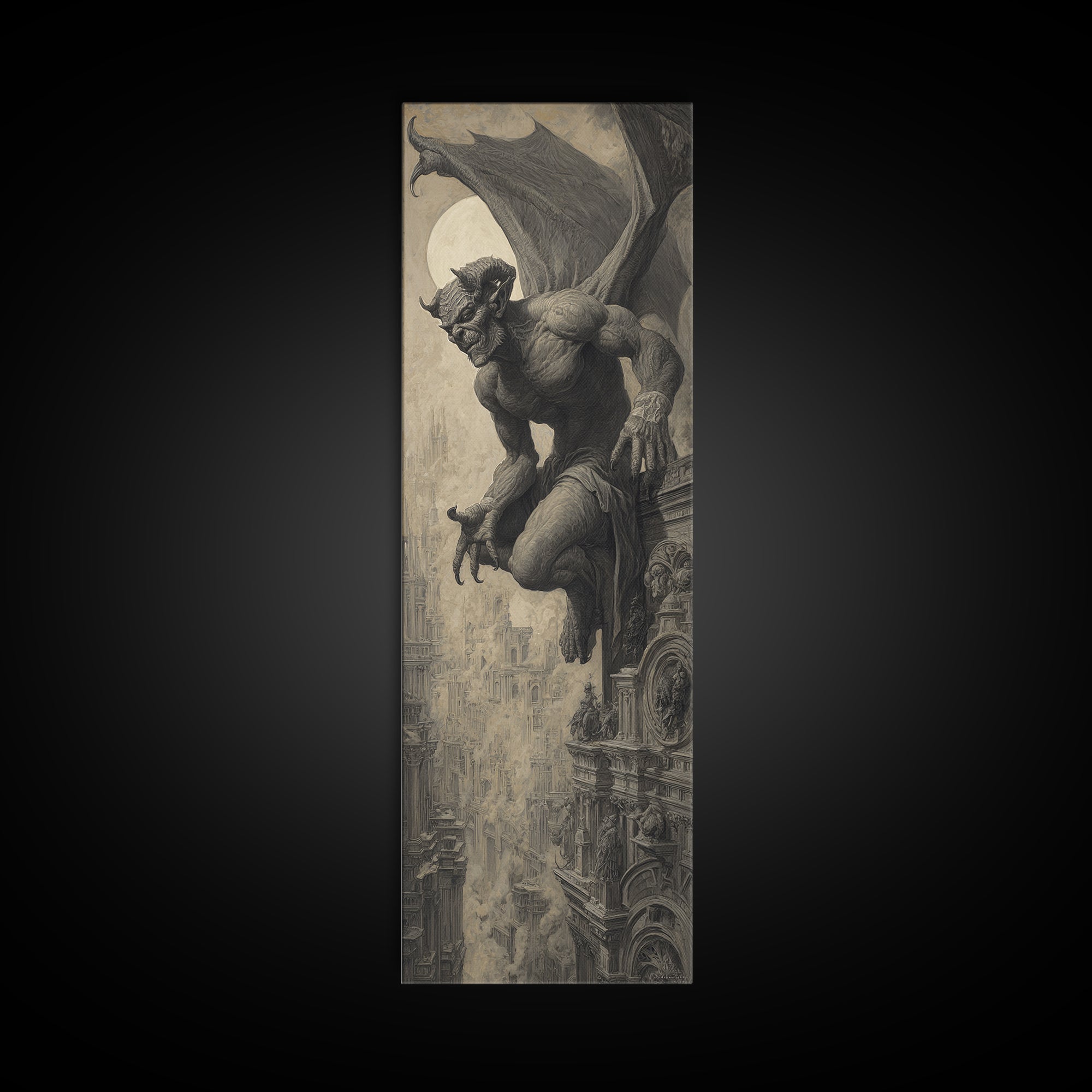 The Gargoyle Sentinel, Surreal Apocalyptic Art, Tall Narrow Wall Art, Gothic Horror Wall Art, Framed Canvas Print