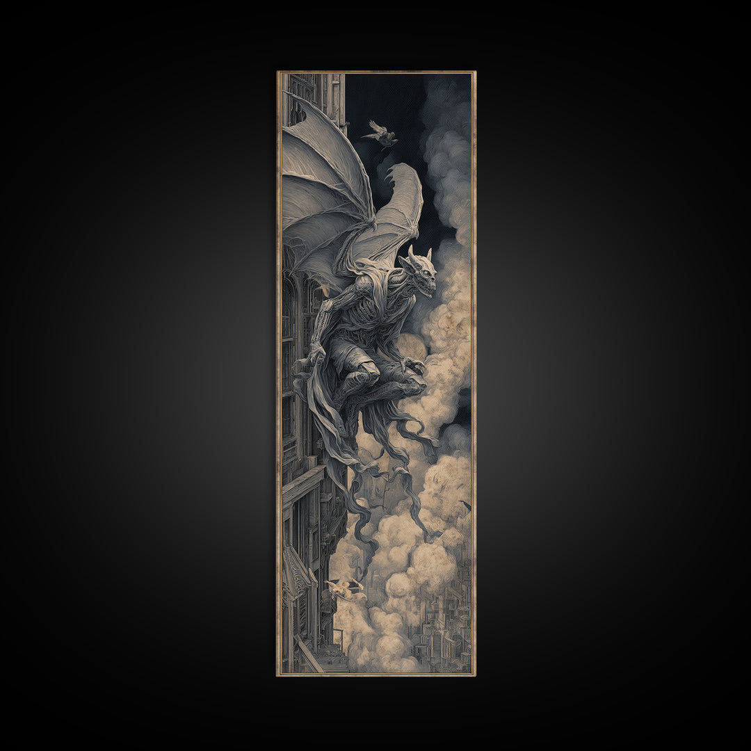 The Gargoyle Sentinel, Biomechanical Horror Art, Tall Narrow Wall Art, Macabre Wall Art, Canvas Print, Halloween Wall Art, Halloween Decor