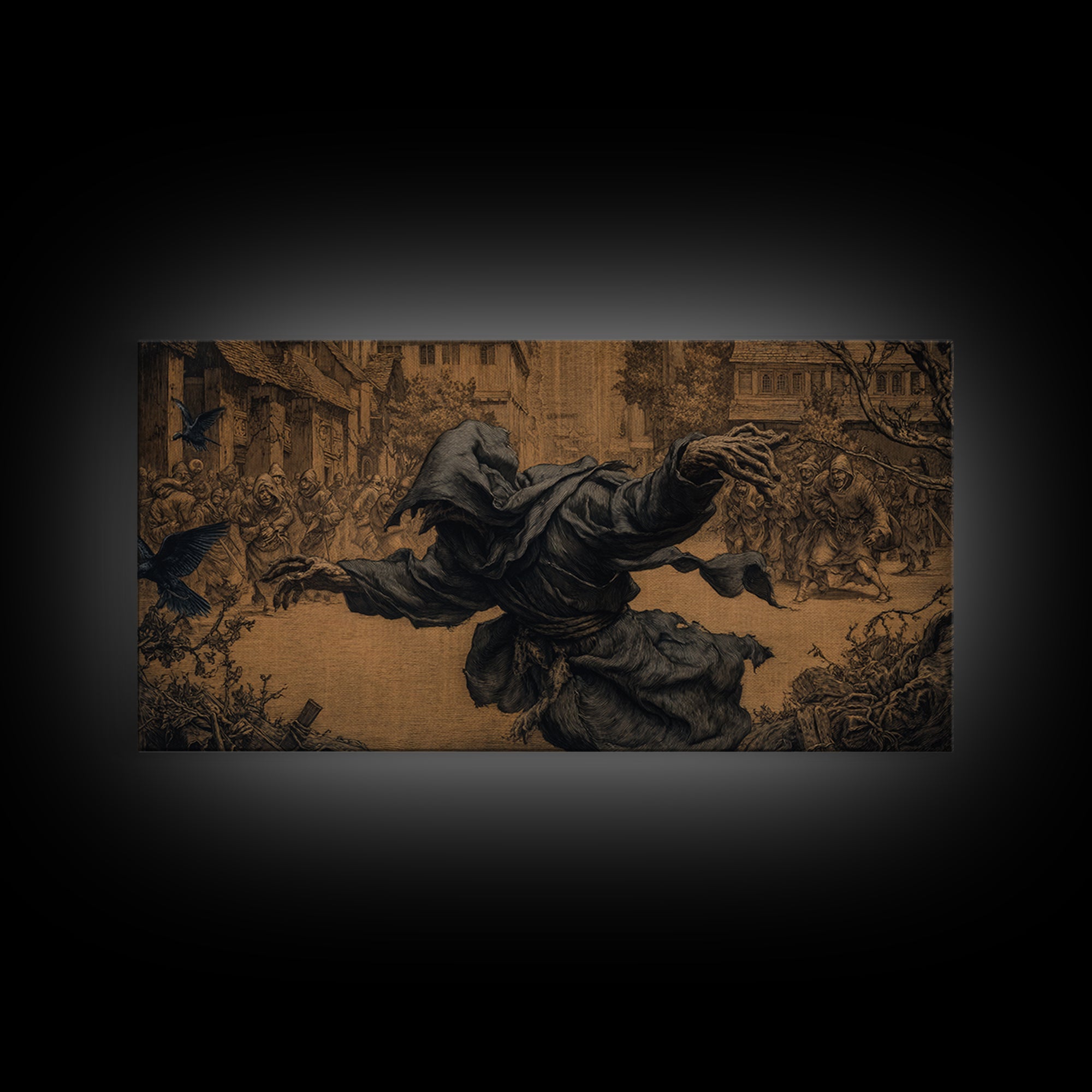 The Tattered Wraith, Northern Renaissance Horror, Wide Panoramic Art, Macabre Wall Art, Framed Canvas Print, Halloween Wall Art