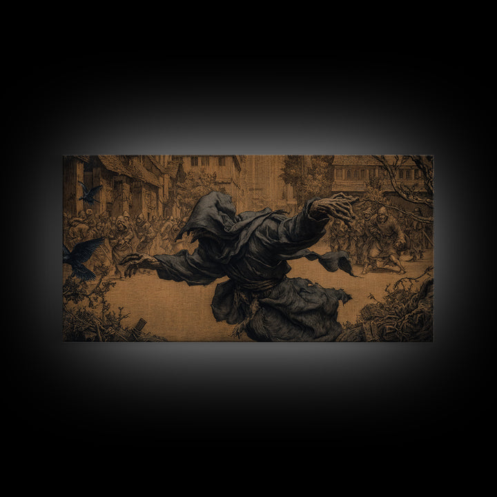 The Tattered Wraith, Northern Renaissance Horror, Wide Panoramic Art, Macabre Wall Art, Framed Canvas Print, Halloween Wall Art