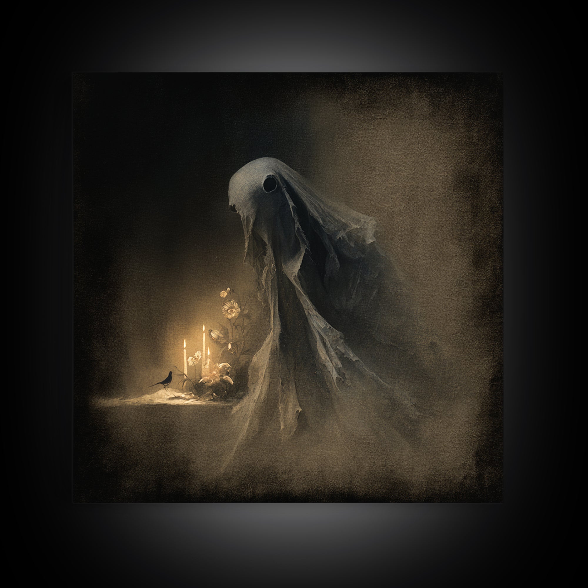 The Tattered Wraith, Symbolist Dream Art, Square Wall Art, Dark Halloween Decor, Framed Canvas Print, Halloween Wall Art