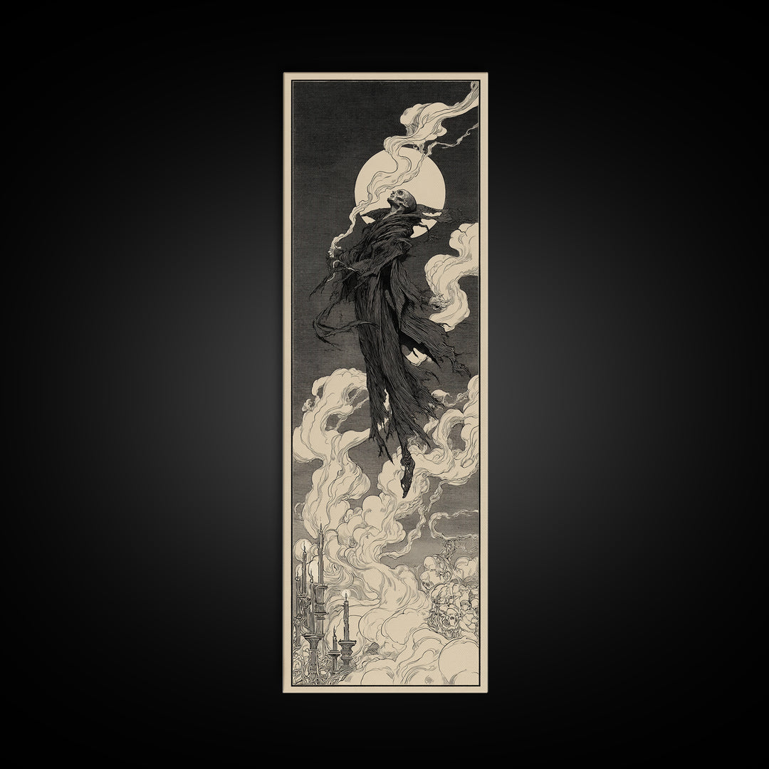 The Tattered Wraith, Decadent Line Art, Tall Narrow Wall Art, Dark Halloween Decor, Framed Canvas Print, Halloween Wall Art