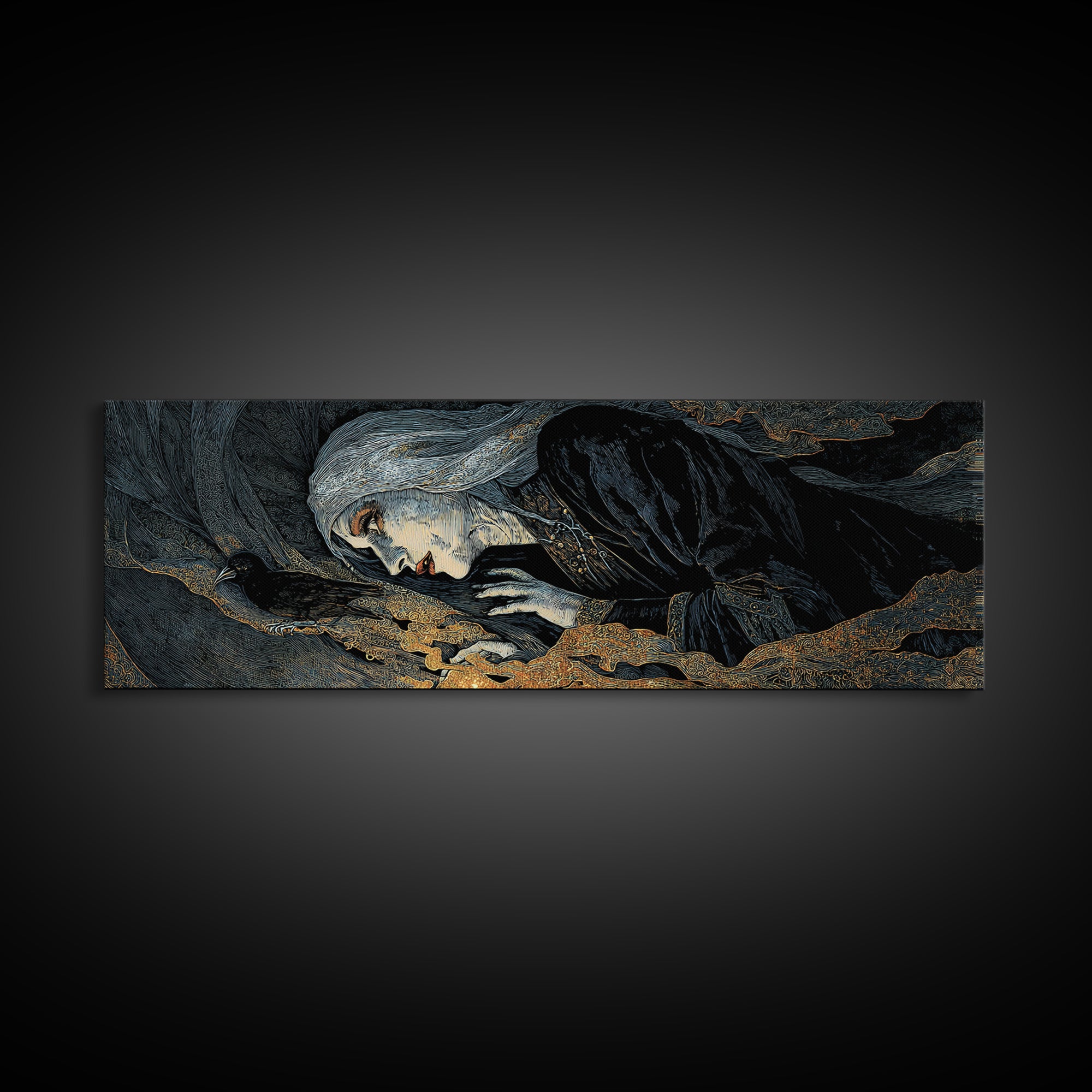 The Tattered Wraith, Stained Glass Gothic Art, Extra Wide Wall Art, Dark Fantasy Wall Art, Framed Canvas Print, Halloween Wall Art
