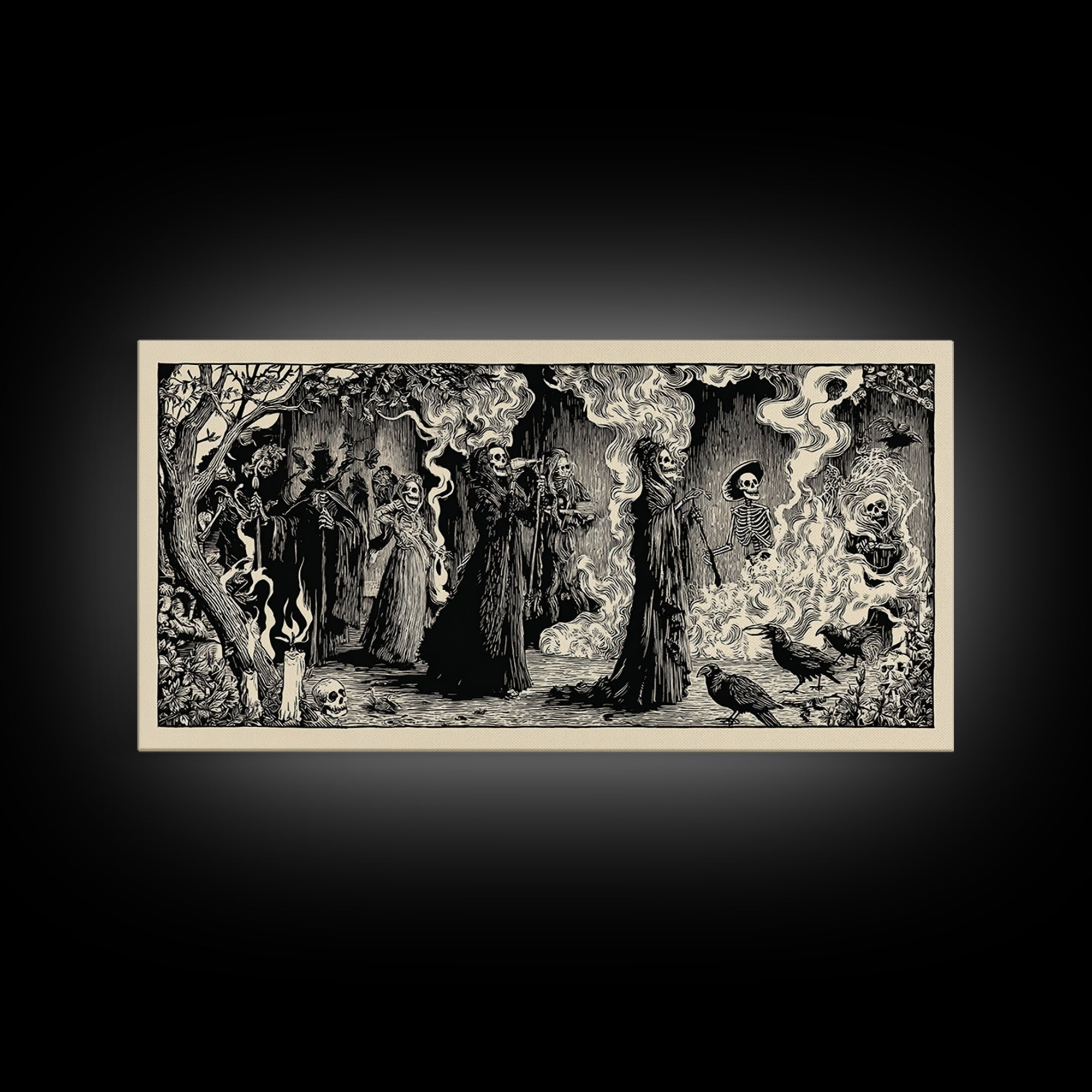 The Tattered Wraith, Macabre Folk Print Art, Wide Panoramic Art, Gothic Horror Wall Art, Canvas Print, Halloween Wall Art