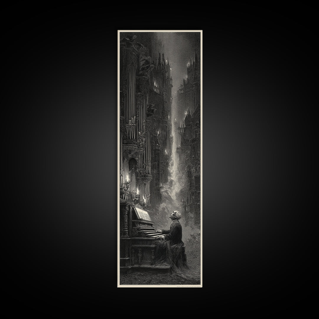 The Phantom Organist, Gothic Engraving Art, Tall Narrow Wall Art, Dark Fantasy Wall Art, Framed Canvas Print, Halloween Wall Art