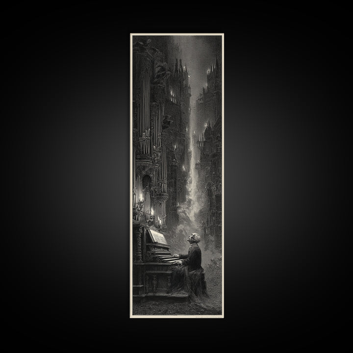 The Phantom Organist, Gothic Engraving Art, Tall Narrow Wall Art, Dark Fantasy Wall Art, Framed Canvas Print, Halloween Wall Art