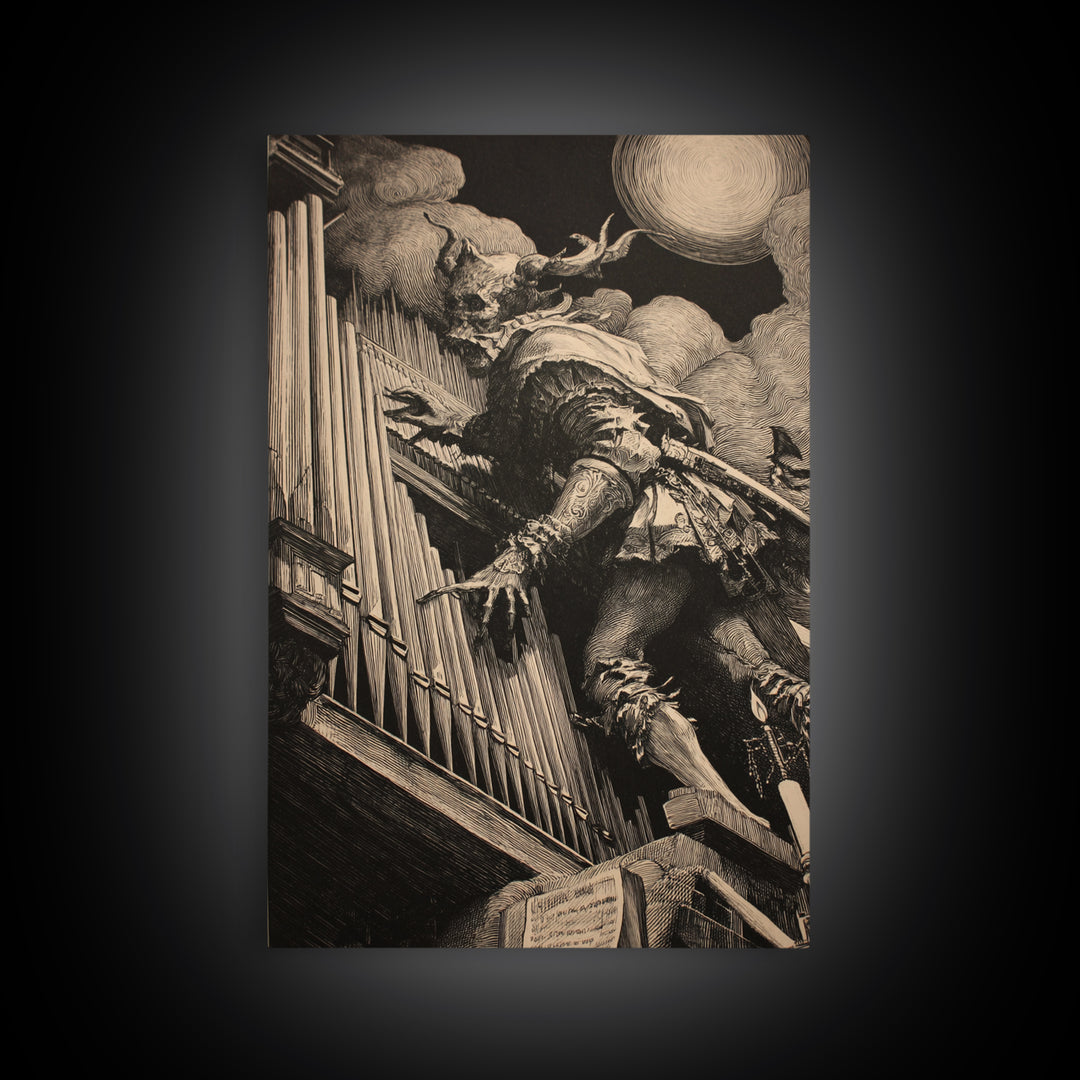 The Phantom Organist, Renaissance Engraving Art, Vertical Wall Art, Macabre Wall Art, Canvas Print, Halloween Wall Art, Statement Wall Art
